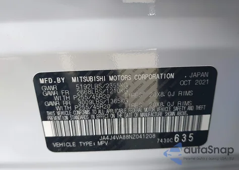 2022 Mitsubishi Outlander Sel 2.5 S-Awc/Sel Launch Edition S-Awc/Sel Special Edition S-Awc из США, поврежденный, VIN JA4J4VA88NZ041208